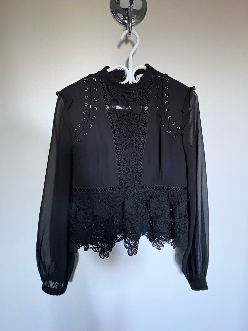 Self-Portrait Black Lace Crochet Long-Sleeve Blouse fits like small
